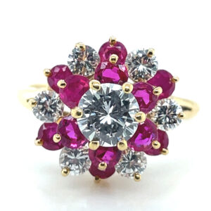 Diamond and Ruby Flower Cluster Ring in 18KYG