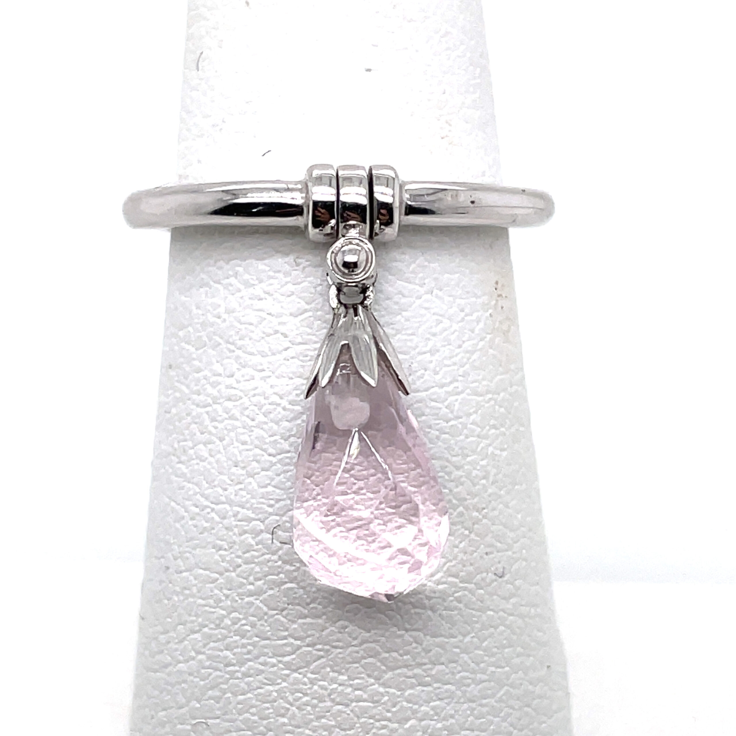 Rose Quartz Tear Drop Ring With Diamonds in 14KWG - Image 2