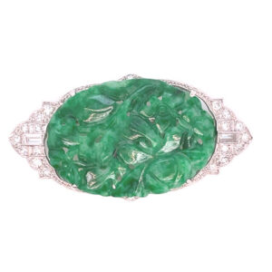 Carved Jade Brooch with Diamonds in Platinum