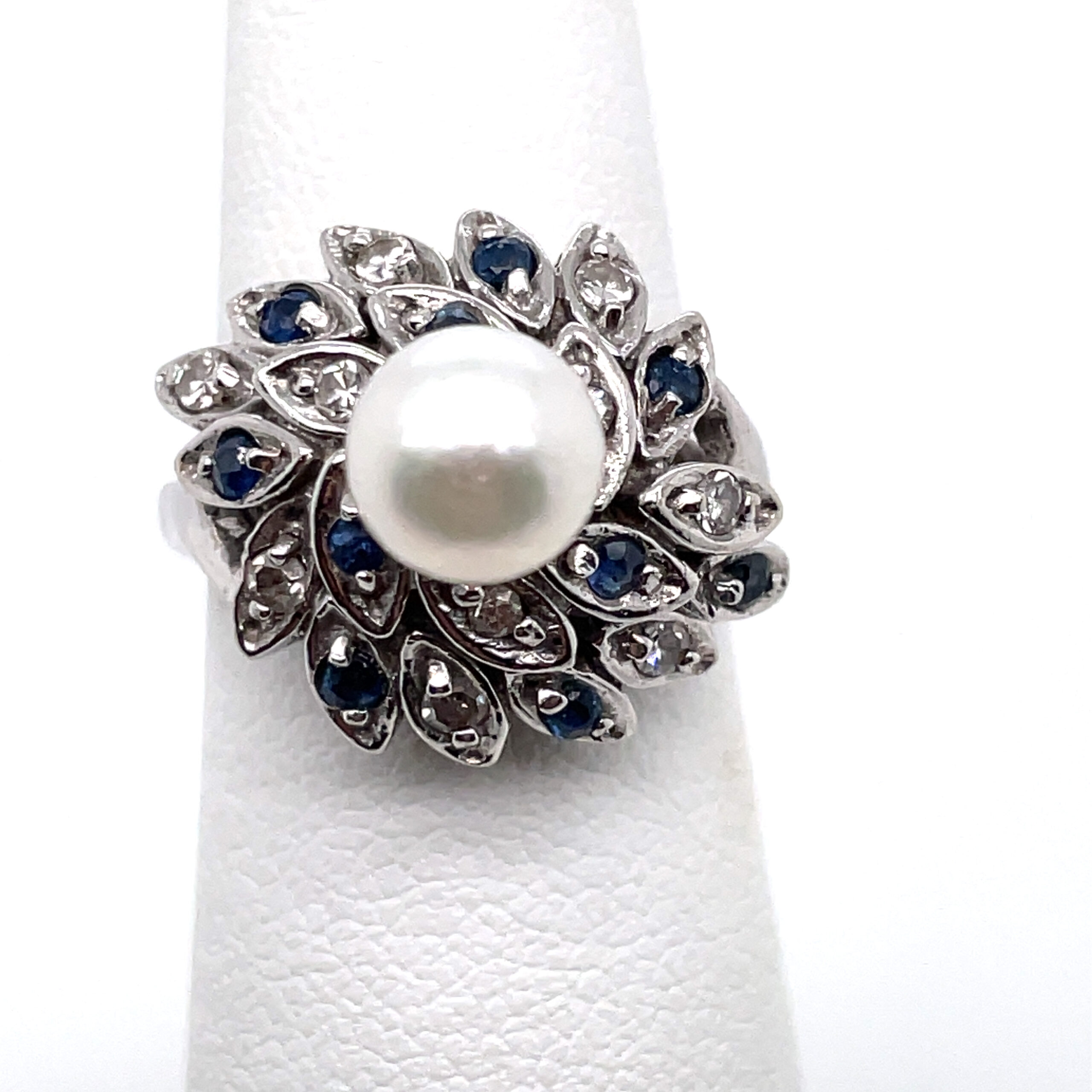 Center Pearl Ring with Diamonds and Blue Sapphires in 14KWG