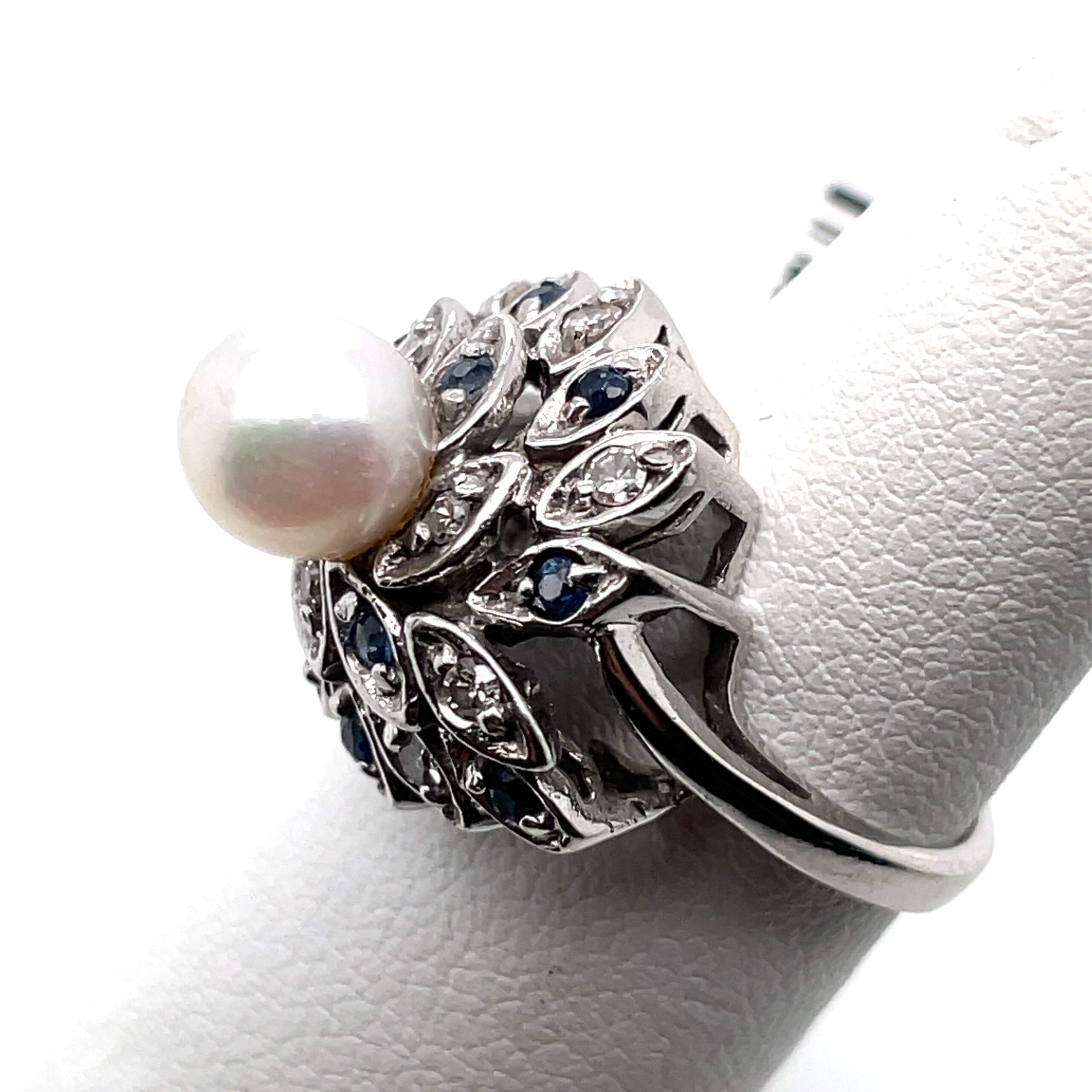 Center Pearl Ring with Diamonds and Blue Sapphires in 14KWG - Image 2
