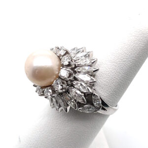 Center Pearl Ring with Clustered Diamonds in Platinum