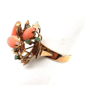 Coral and Emerald "Bird's Nest" Ring in 14KYG
