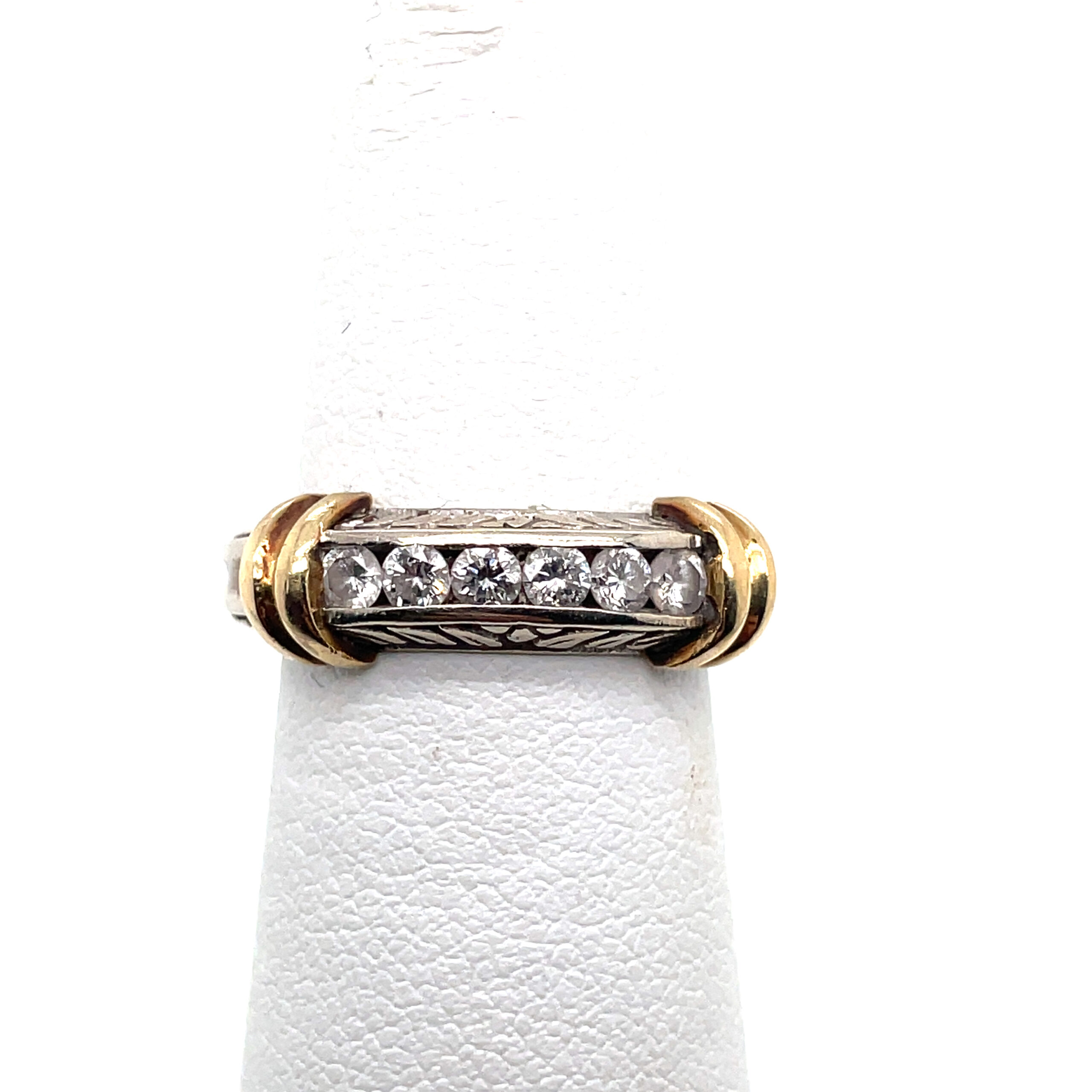 Scrollwork Diamond Band With Yellow Gold Accents in 14KWG - Image 2