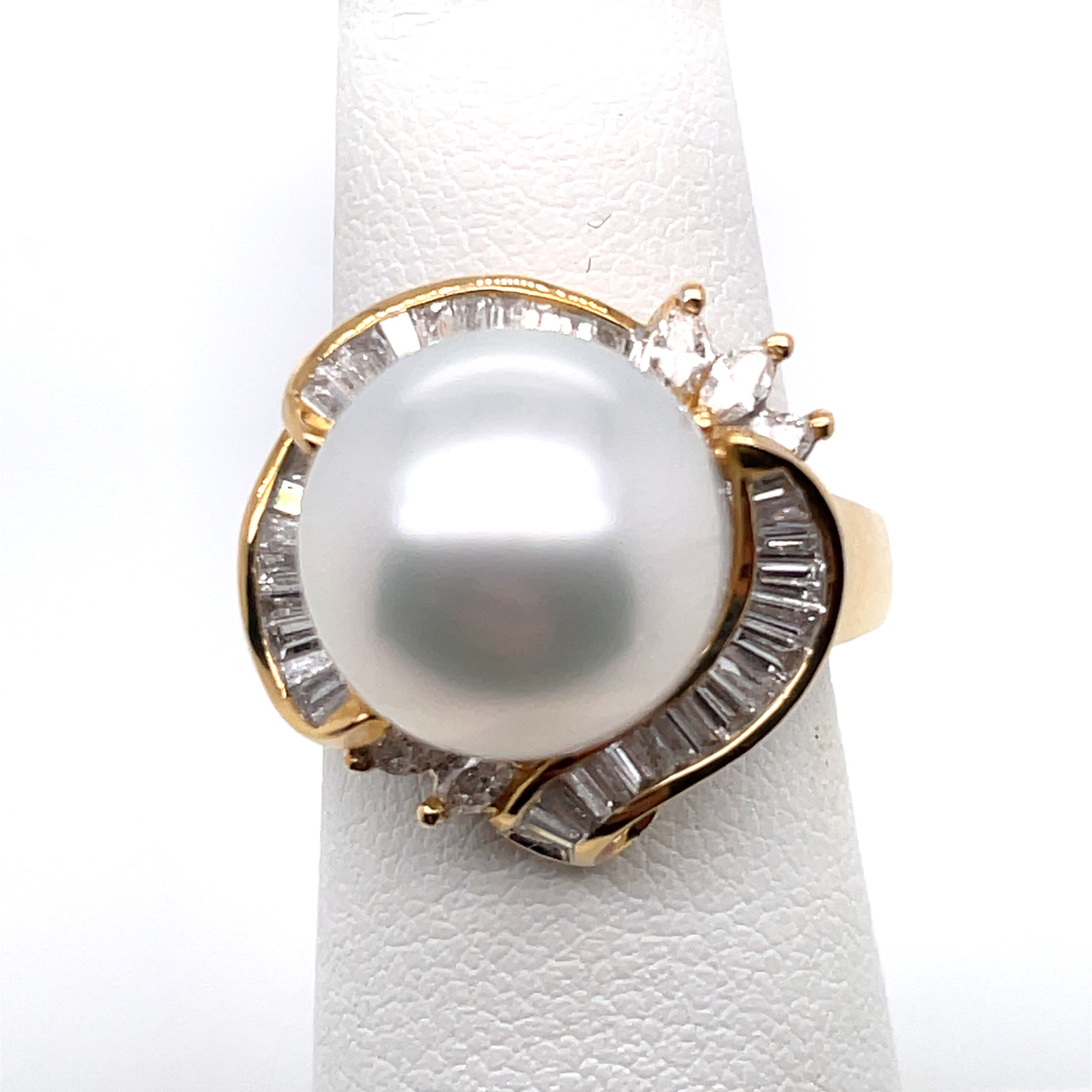 Pearl Ring With Baguette and Marquise Diamonds in 18KYG - Image 3