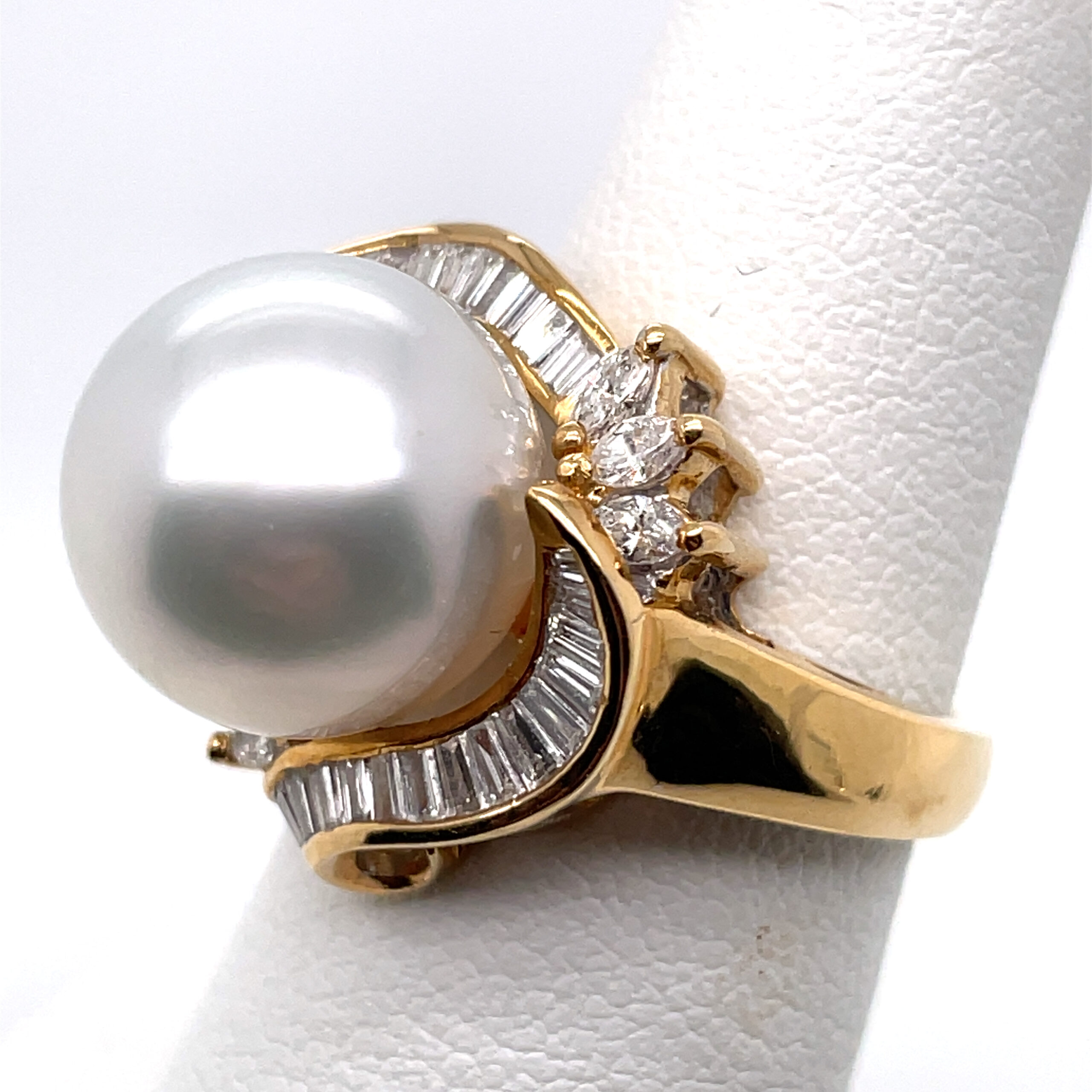 Pearl Ring With Baguette and Marquise Diamonds in 18KYG