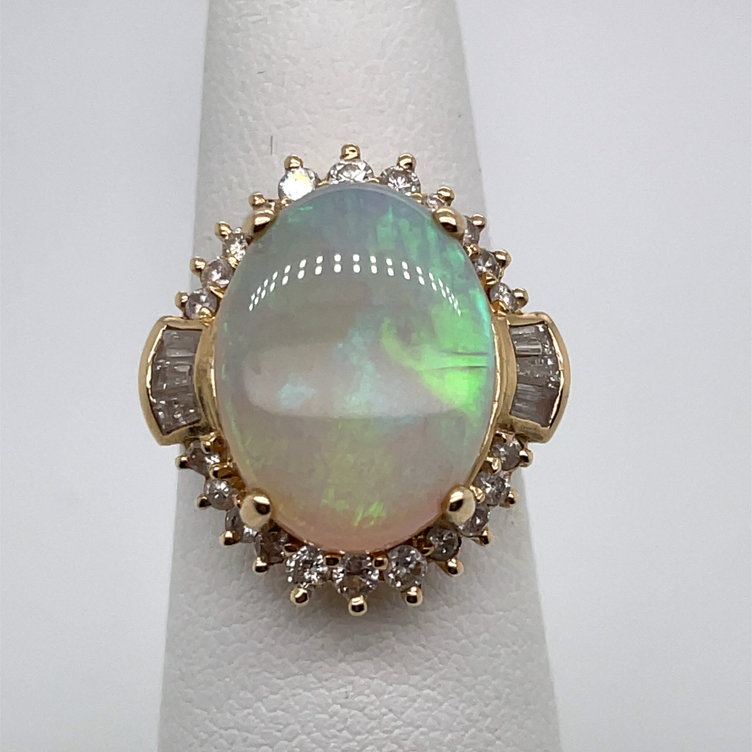 Opal Ring With Tapered Baguette & Round Diamonds in 14KYG