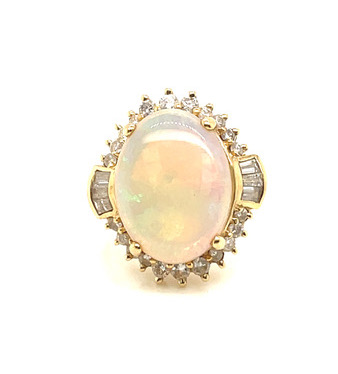 Opal Ring With Tapered Baguette & Round Diamonds in 14KYG - Image 4