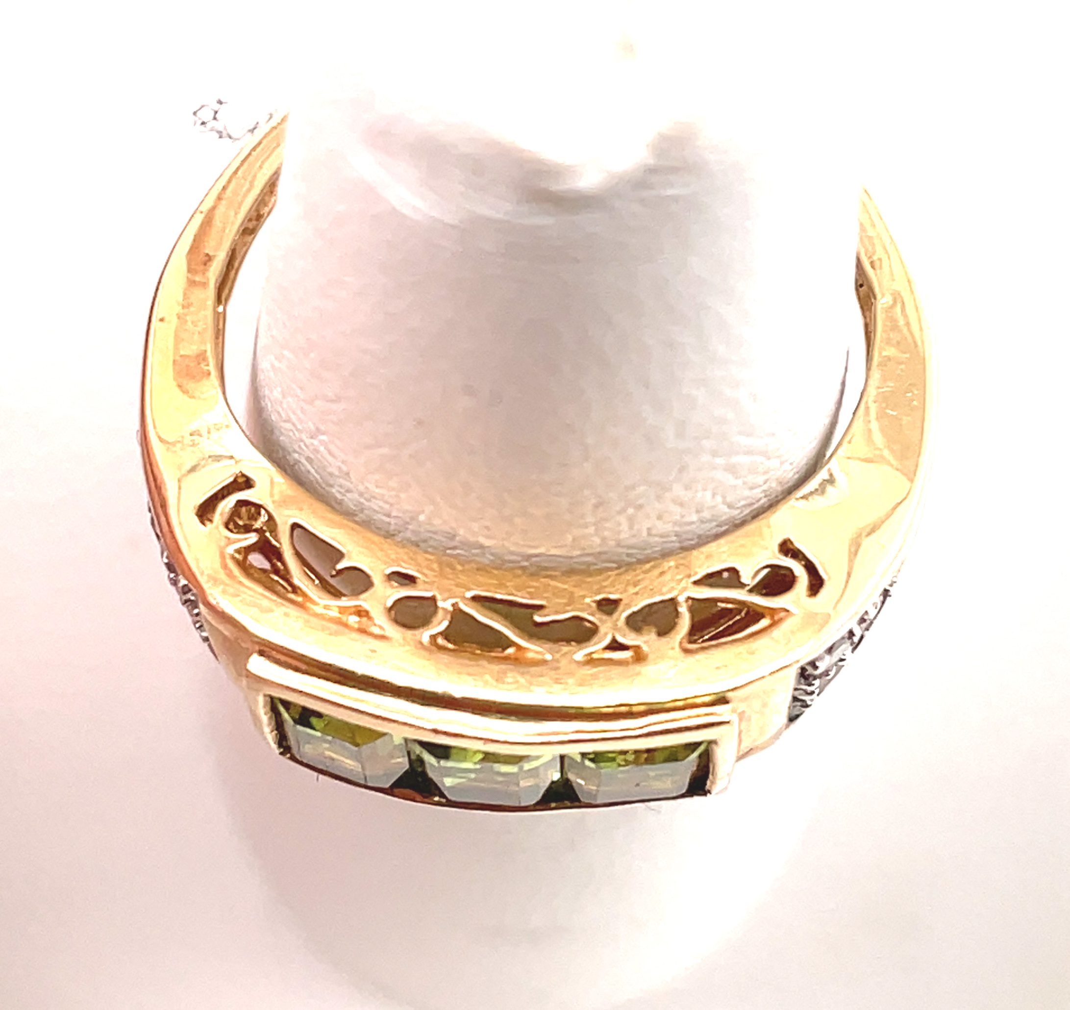 Emerald-Cut Peridot Trio Ring With Diamonds in 14KYG - Image 2