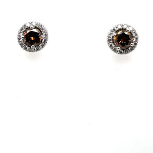 Brown Diamond Studs with Diamond Halo in 14KWG
