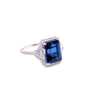 6.43 Carat Sapphire Ring with Epaulettes and Diamond Halo in 18KWG