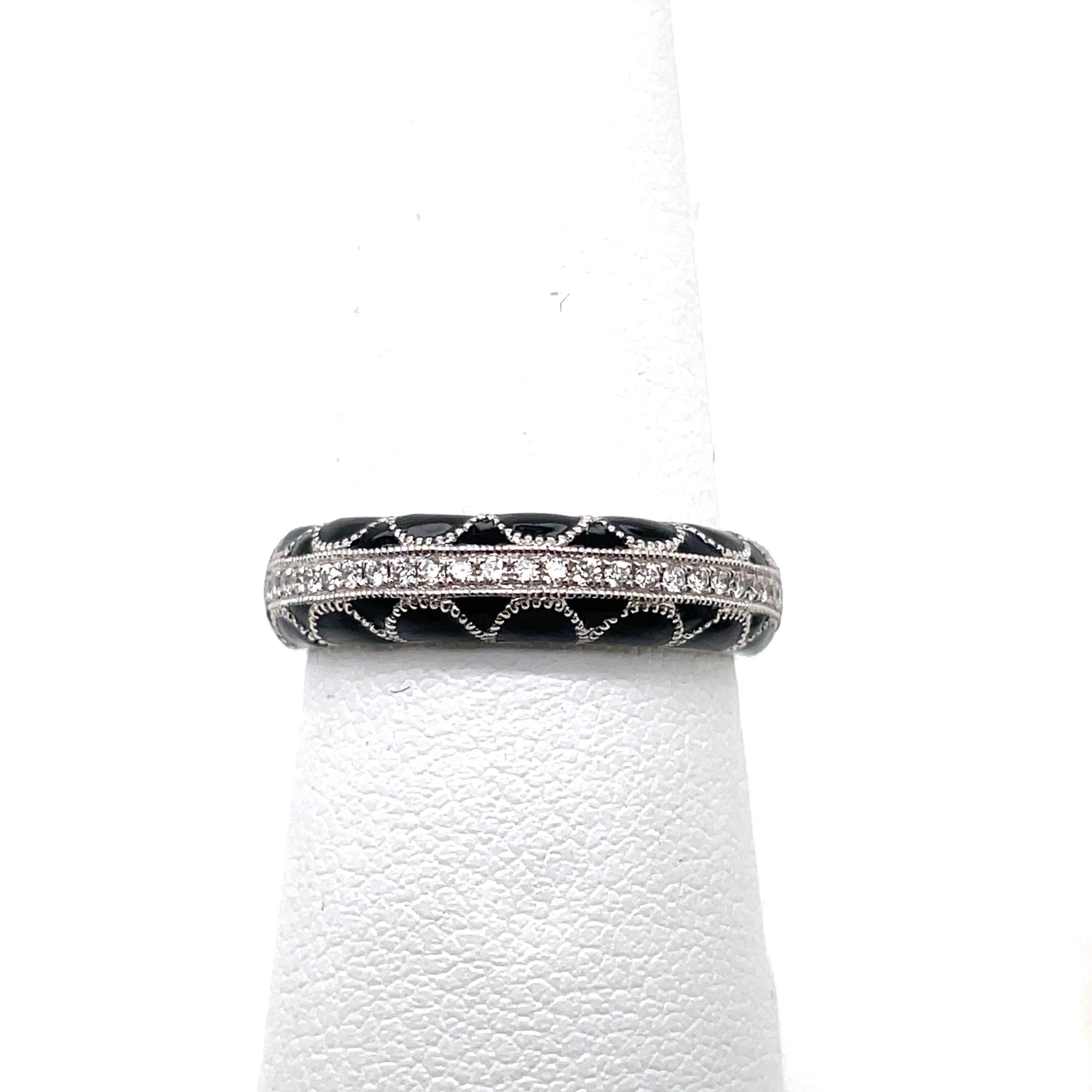 Black Enamel and Diamond Band in 18KWG - Image 2