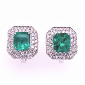Emerald Earrings with Diamond Double-Halo in 18KWG