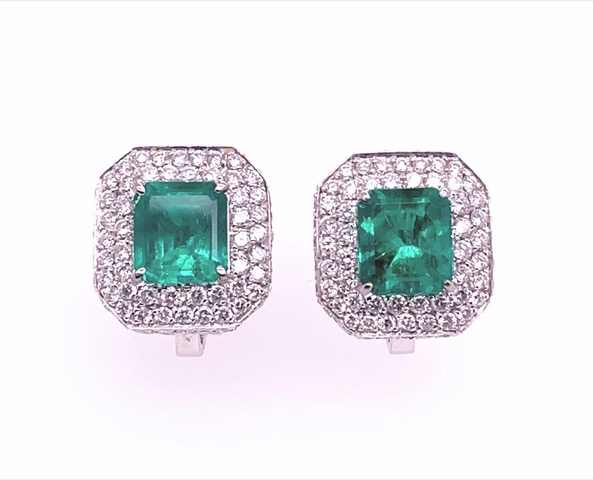 Emerald Earrings with Diamond Double-Halo in 18KWG