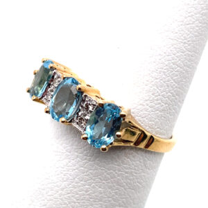 3-Stone Oval Blue Topaz and Diamond Ring in 18KYG