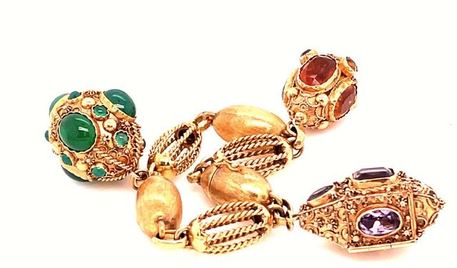 Etruscan Amethyst, Green Chalcedony and Citrine Charm Bracelet in 18KYG