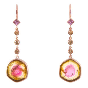 Rose Gold Tourmaline Earrings with Sapphires and Champagne Diamonds
