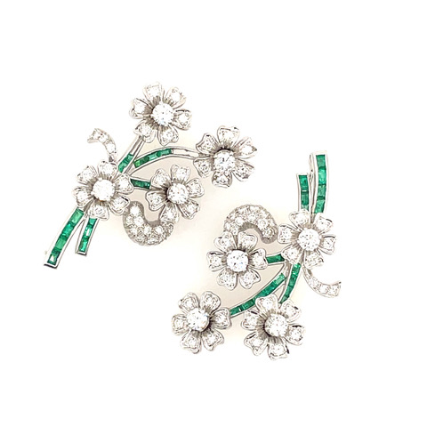 Two-Piece Spinning Flower Diamond and Emerald Brooch in Platinum
