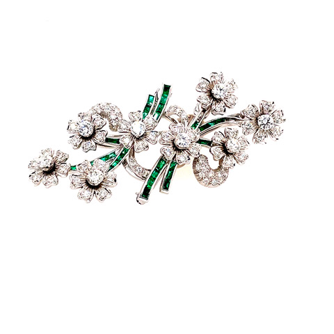 Two-Piece Spinning Flower Diamond and Emerald Brooch in Platinum - Image 2
