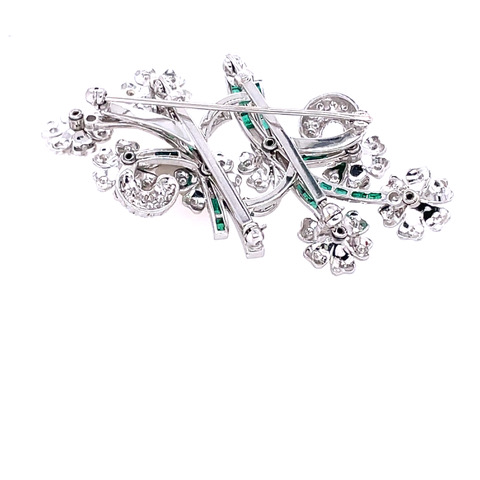Two-Piece Spinning Flower Diamond and Emerald Brooch in Platinum - Image 3