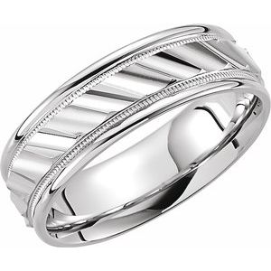 14K White 6.75 mm Ridged Band with Milgrain Size 8
