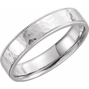 14K White 5 mm Flat Band with Hammer Finish & Milgrain  Size 9