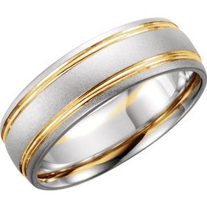 14K White/Yellow 7 mm Grooved Band with Bead Blast Finish Size 7.5