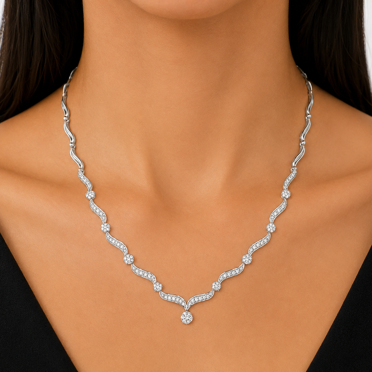 14K White Gold Diamond Swirl Necklace - Image 3