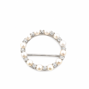 Pearl & Mine-Cut Diamond Circle Brooch in 14K White Gold