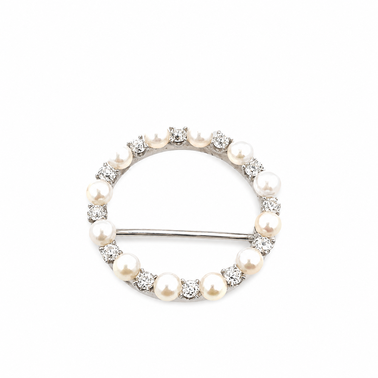 Pearl & Mine-Cut Diamond Circle Brooch in 14K White Gold