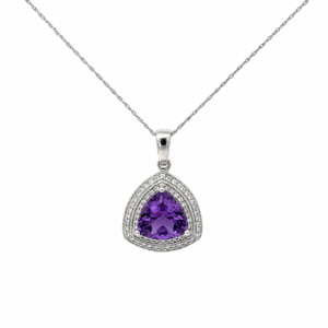 Amethyst & Diamond Halo Pendant in 14K White Gold