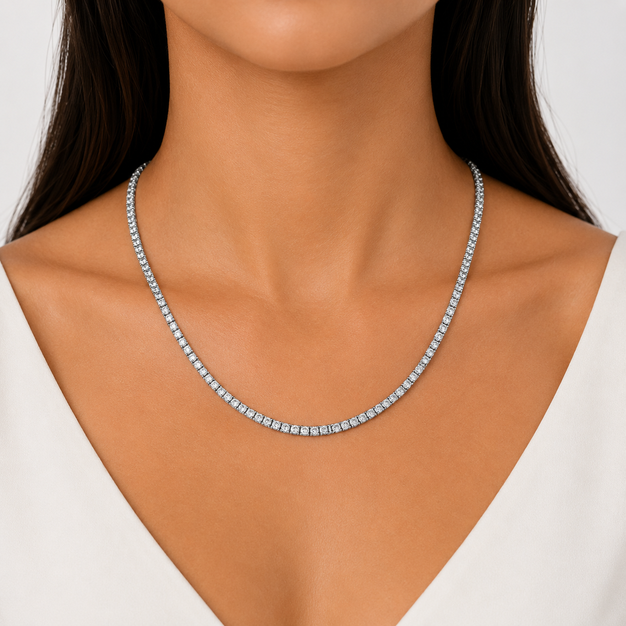 6.77 CTW Diamond Tennis Necklace in 14K White Gold - Image 2