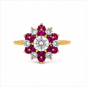 18K Yellow Gold Ruby & Diamond Cluster Ring