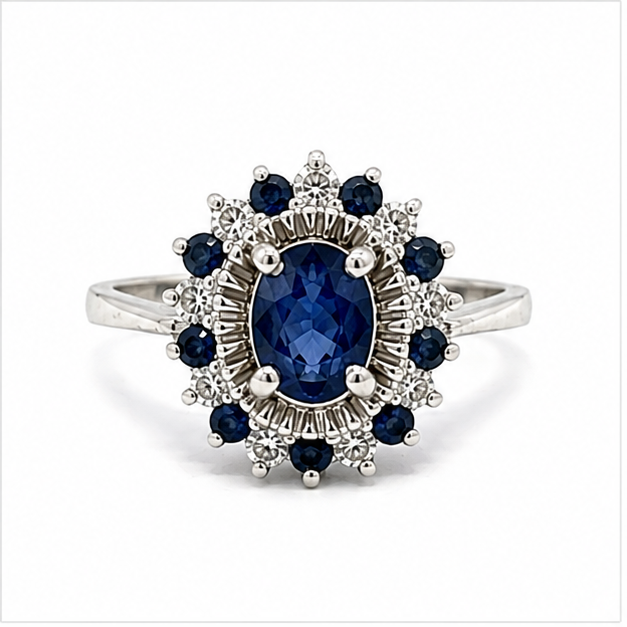 Sapphire & Diamond Halo Ring in 10K White Gold