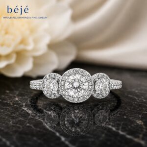 A Closer Look at Our Three-Stone Halo Diamond Ring - jewelry store in metairie - beje diamonds